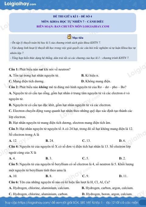 Đề thi giữa kì 1 KHTN 7 Cánh diều - Đề số 4